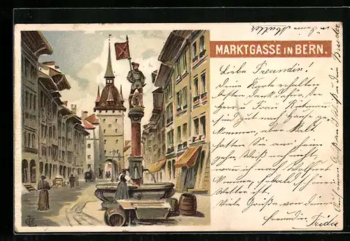 Lithographie Bern, Marktgasse mit Brunnen