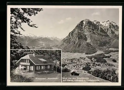 AK Ennenda, Restaurant Alpenblick, Blick von den Ennetbergen auf Glarus, Glärnisch u. Freibergkette
