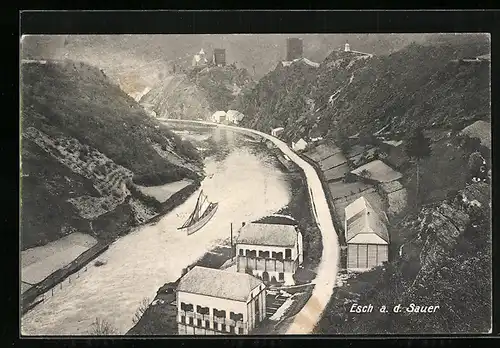 AK Esch a. d. Sauer, Teilansicht mit Segelschiff