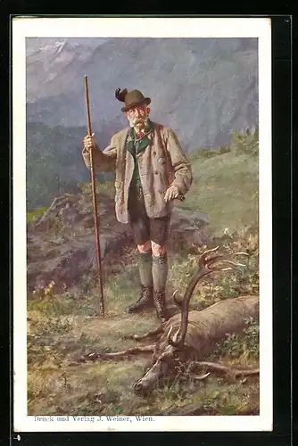 Künstler-AK Wien, I. Internat. Jagd-Ausstellung 1910, Kaiser Franz Josef I. von Österr. bei der Jagd mit erlegtem Hirsch