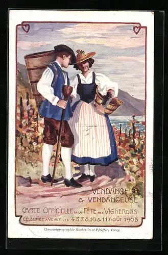 Künstler-AK Vevey, Vendangeur & Vendangeuse, Fete des Vignerons 1905