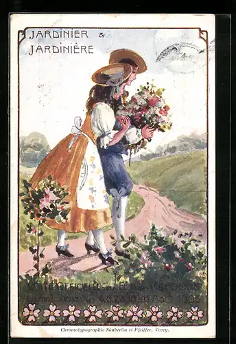 Künstler-AK Vevey, Jardinier & Jardinière, Fete des Vignerons 1905