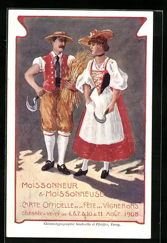 Künstler-AK Vevey, Moissonneur & Moissonneuse, Fete des Vignerons 1905