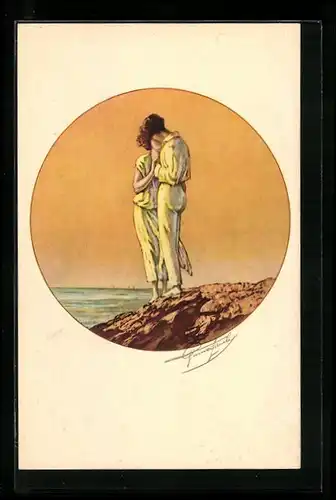 AK Junges Paar küsst sich beim Sonnenaufgang am Meer, Art Deco