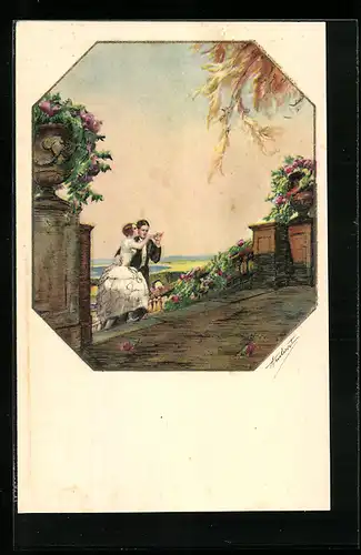 AK Paar tanzt eine Freitreppe hinauf, Art Deco