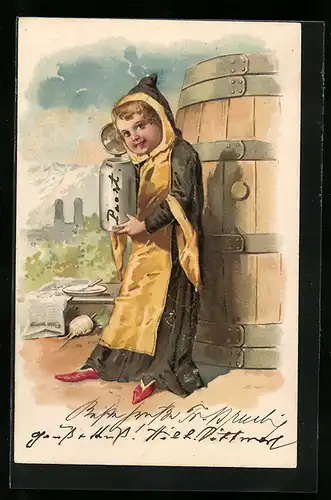 AK Münchner Kindl mit Bierkrug vor riesigem Bierfass