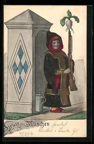 Künstler-AK MÜnchen, Münchner Kindl mit Gewehr vor dem Wachhäuschen