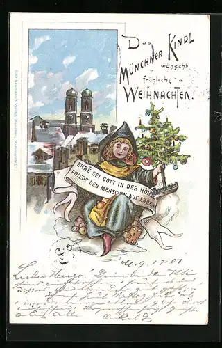 AK München, Münchner Kindl mit Christbäumchen vor Stadtkulisse, Weihnachtsgruss