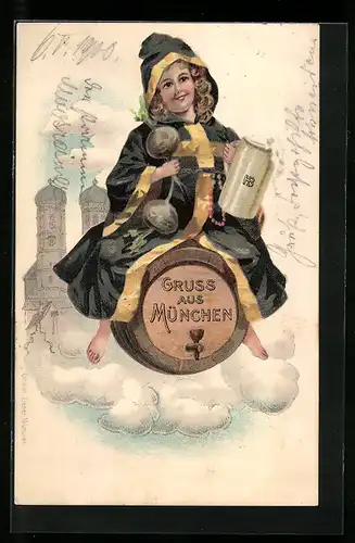 Lithographie München, Münchner Kindl fliegt auf einem Bierfass, Im Hintergrund Frauenkirche