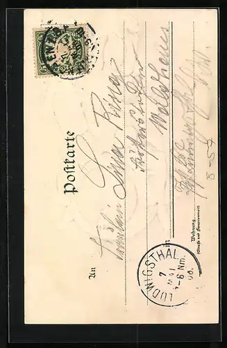 Lithographie München, Münchner Kindl fliegt auf einem Bierfass, Im Hintergrund Frauenkirche