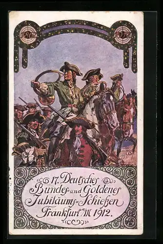 AK Frankfurt a. M., Jubiläums-Schiessen 1912, Militärzug mit Schützen und Hornbläsern