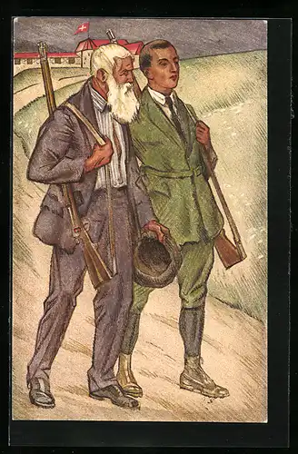 AK Schweizerischer Schützenverein 1924, zwei Generationen mit Gewehren