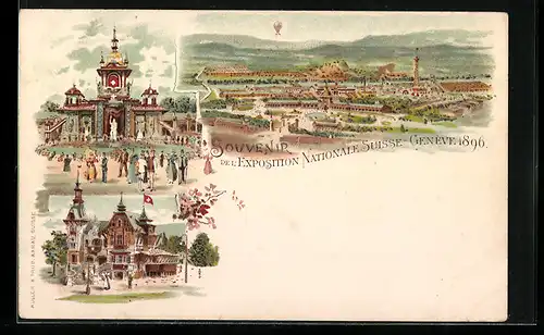 Lithographie Geneve, Exposition Nationale 1896, Blick über das Ausstellungsgelände
