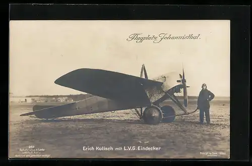 Foto-AK Sanke Nr. 257: Berlin-Johannisthal, Erich Kulisch mit LVG Eindecker, Flugzeug