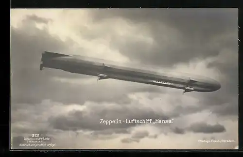 Foto-AK Sanke Nr.: Zeppelin-Luftschiff Hansa vor bewölktem Himmel