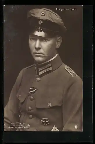 Foto-AK Sanke Nr. 539: Hauptmann Zorer, Kampfflieger
