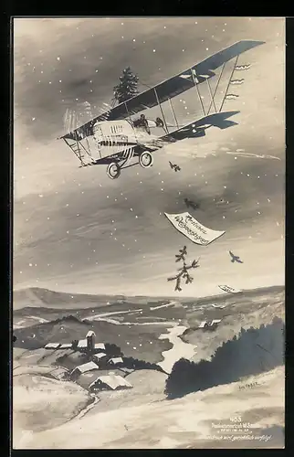 Künstler-AK Weihnachtsgruss, Flugzeug mit Christbaum auf dem Kopf