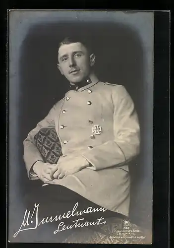 Foto-AK Sanke-Nr. 340, Portrait Leutnant Immelmann in Uniform mit Orden Eisernes Kreuz