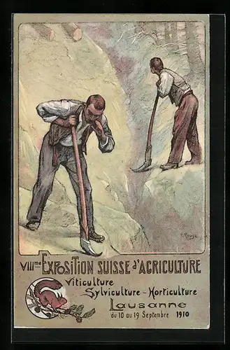 AK Lausanne, XIIIme Exposition Suisse d`Agriculture 1910, Bauern mit der Hacke, Bäume fallen herab