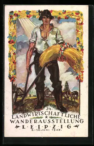 Künstler-AK Leipzig, 28. Landwirtschaftliche Wanderausstellung 1921, Bauer mit Strohgarbe