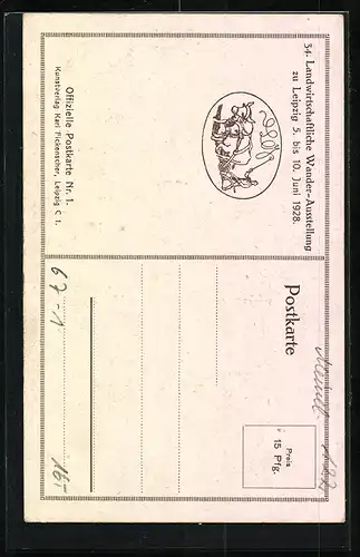 Künstler-AK Leipzig, 28. Landwirtschaftliche Wanderausstellung 1921, Bauer mit Strohgarbe