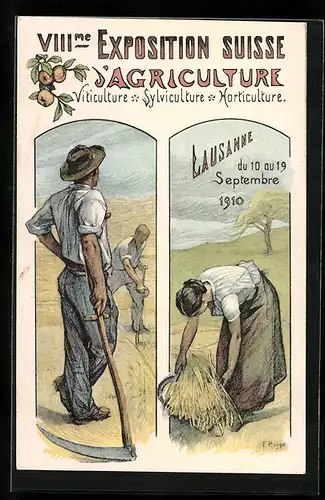 AK Lausanne, XIIIme Exposition Suisse d`Agriculture 1910, Bauern bei der Arbeit mit einer Sichel