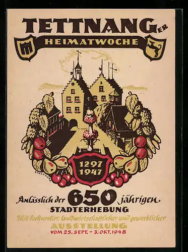 Künstler-AK Tettnang, Tettnanger Heimatwoche 1948, anlässlich der 650 jährigen Stadterhebung