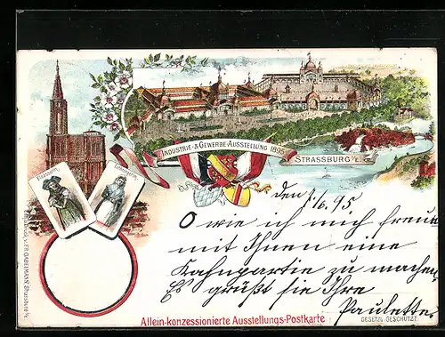 Lithographie Strassburg i. E., Industrie- & Gewerbe-Ausstellung 1895, Münster, Elsässer und Lothringer Tracht
