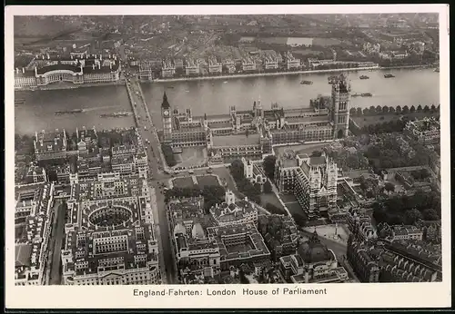 Fotografie Zeppelin-Weltfahrt, Ansicht London, Stadtansicht mit House of Parliament von einem Zeppelin-Luftschiff aus