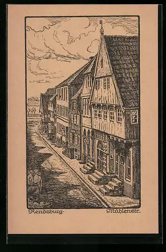 Künstler-AK Rendsburg, Mühlenstrasse mit Karren