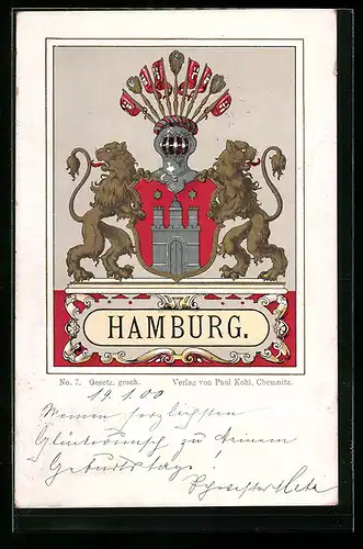 Künstler-AK Hamburg, Zwei Löwen mit Stadtwappen