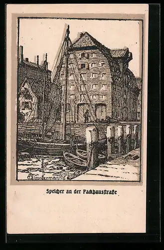 Künstler-AK Alt-Kiel, Speicher an der Packhaustrasse