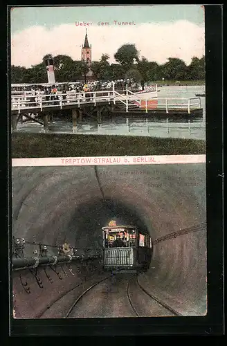 AK Treptow-Stralau bei Berlin, Elektr. Tunnelbahn 15 m tief unter der Spree