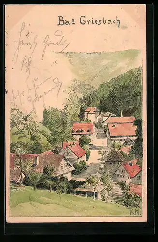 Lithographie Bad Griesbach, Ortsansicht aus der Vogelschau