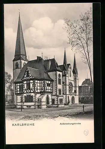AK Karlsruhe, Strassenpartie an der Auferstehungskirche