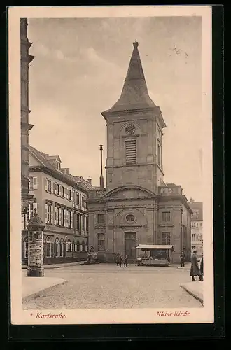 AK Karlsruhe, Litfassäule an der kleinen Kirche