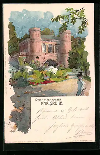 Lithographie Karlsruhe, Botanischer Garten mit Gebäude und Spaziergängerin