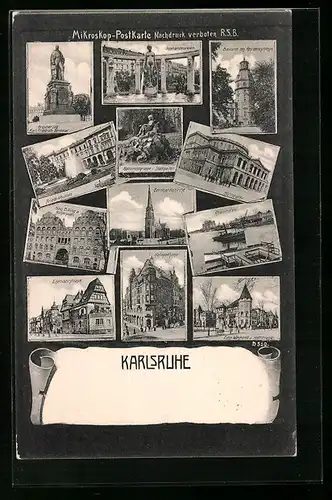 AK Karlsruhe, Grossherzog Karl Friedrich-Denkmal, Bleiturm des Residenzschlosses, Ecke Westend und Hoffstrasse