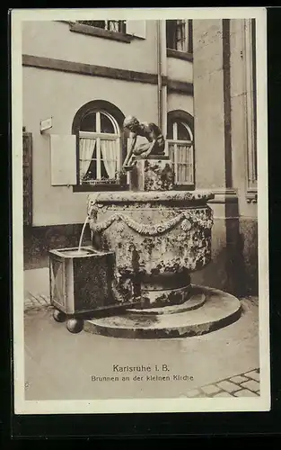 AK Karlsruhe, Brunnen an der kleinen Kirche