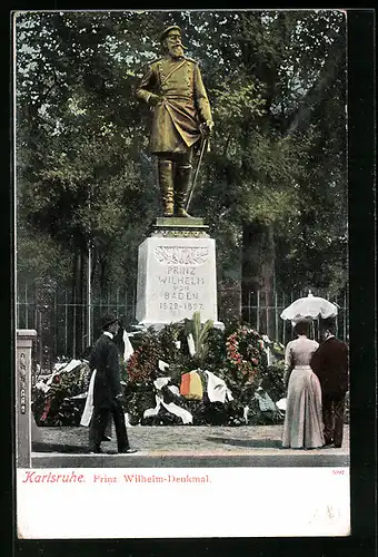 AK Karlsruhe, Besucher am Prinz Wilhelm-Denkmal
