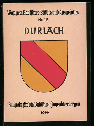 AK Karlsruhe-Durlach, Wappen Badischer Städte und Gemeinden Nr. 12, Baustein für die Badischen-Jugendherbergen