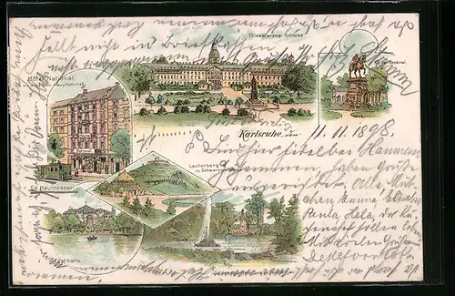 Lithographie Karlsruhe, Blick auf Hotel National, Festhalle, Schloss und Kaiser-Denkmal