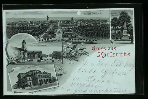 Lithographie Karlsruhe, Gesamtansicht aus der Vogelschau, Krieger-Denkmal, Marktplatz, Hoftheater