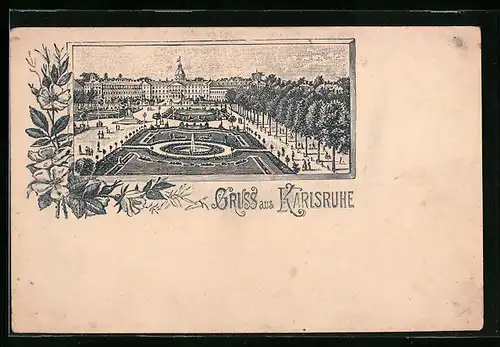 Lithographie Karlsruhe, Park mit Fontainen und Denkmal