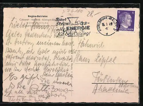 AK Karlsruhe, Regina Betriebe, Cabaret-Varieté Königin-Bar, Künstlerstube
