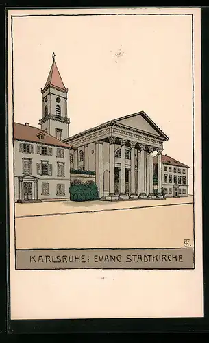 Künstler-AK Karlsruhe, Evangelische Stadtkirche