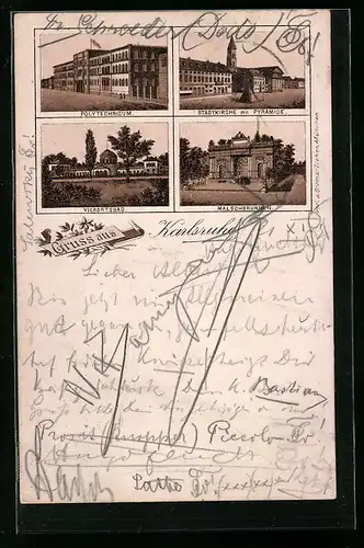 Lithographie Karlsruhe, Polytechnicum, Stadtkirche mit Pyramide, Malschbrunnen, Vierortsbad