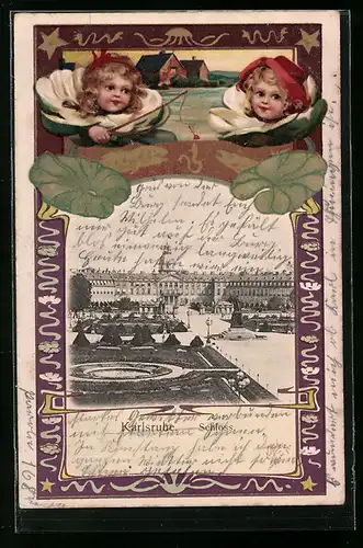 AK Karlsruhe, Schloss mit Fontainen und Denkmal