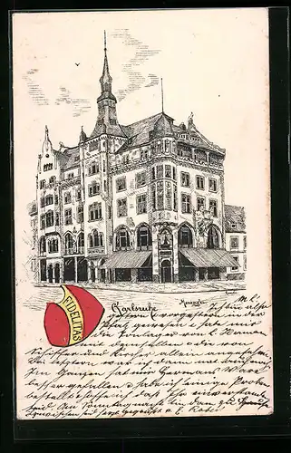 Lithographie Karlsruhe, Haus mit Restaurant der Brauerei Moninger, Fidelitas Wappen