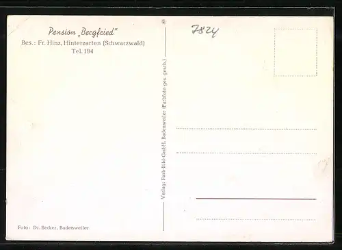 AK Hinterzarten /Schwarzw., Pension Bergfried Fr. Hinz